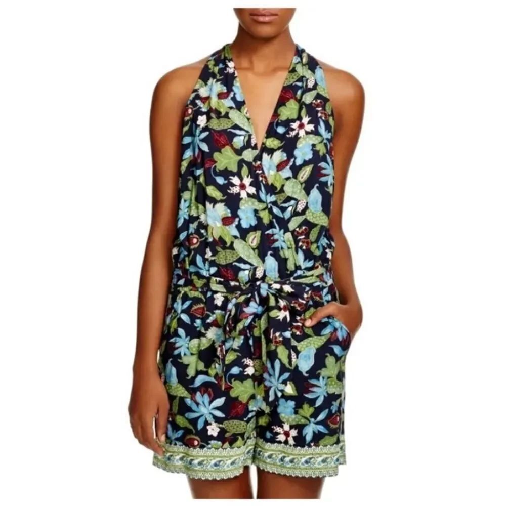 Tory Burch Wisteria Wrap Romper Womens Swim Cover Up Blue Green Sleeveles Sz XS